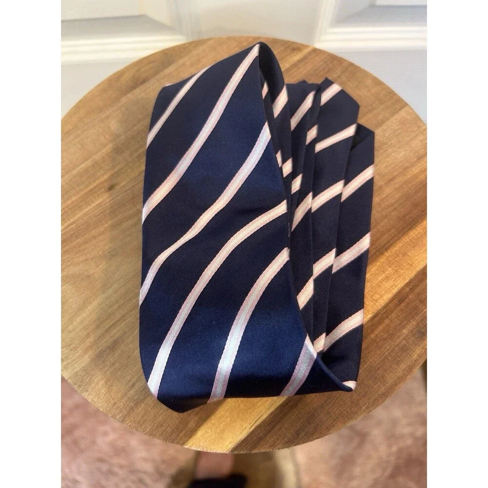 Babei Mens Tie Navy Pink Stripe 100% Silk Necktie Modern Business Formalwear
